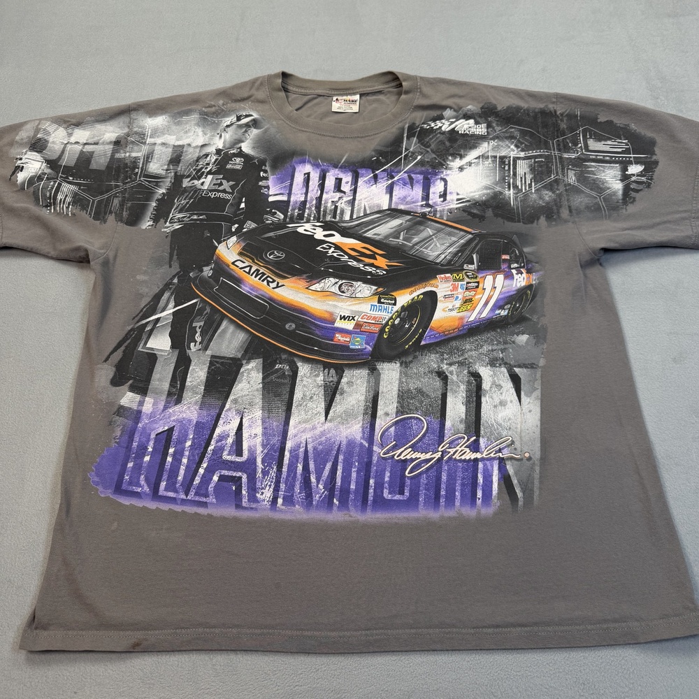 Denny Hamlin Shirt Mens 2XL Gray NASCAR Racing Chase Joe Gibbs AOP Graphic Tee